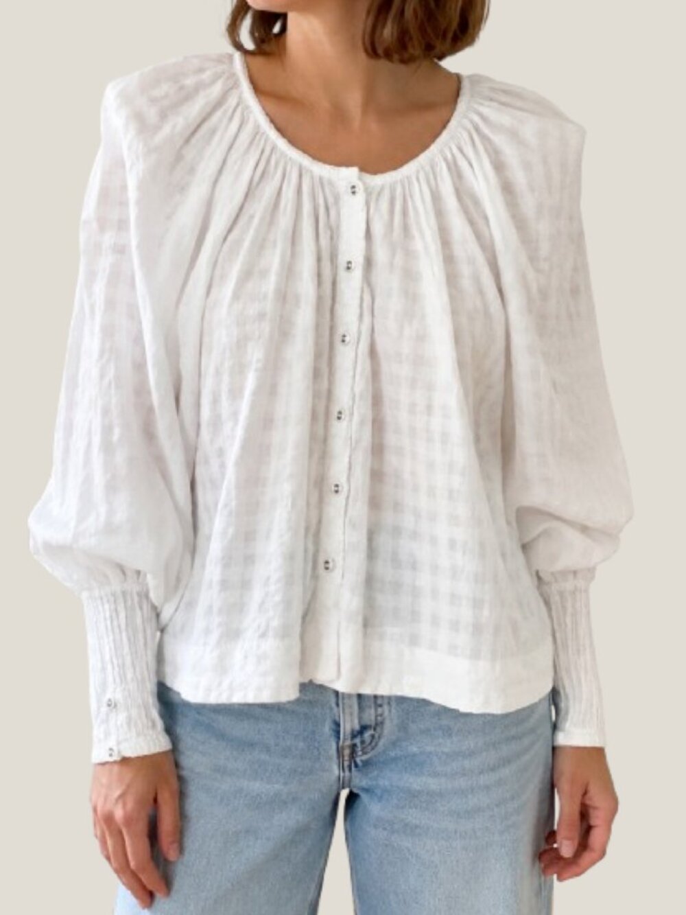 Mirth Handmade White Tonal Check Cotton Peasant Blouse Puff Sleeve XS Boho